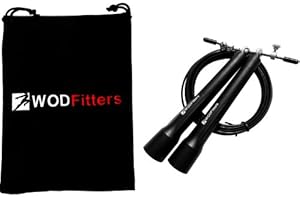 WODFitters Bearing PRO Speed Rope - Double Bearing Ultra Speed Cable Jump Rope * 100% Satisfaction Guaranteed! * For Boxing, MMA and Crossfit Training * Unique Swivel Bearing Handle Makes Rope Unbeatably Fast * Metal Connections Make the Handle Sturdy * Great for Double Unders, Triple Unders, RX WODs or Speed Jumping * 10 Foot, Adjustable to 9 Ft or 8 Ft, Works for Men, Women and Children * with Carrying Case (Bearing PRO, Fully Adjustable)