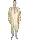 Bollywood Party Mens Wear Embroidered Silk Blend Ecru Kurta Pajama Xl Chest 50 Inch