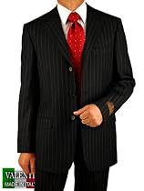 Italian Men Suits By Valenti Made in Italy Super 150's Worsted Wool Complete Suit with Three Button Canvas Front Chest Jacket and Pants Black Chalk Stripe Pinstripe