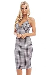 Sexy Sophisticated V-neck Plunging Neck Cotton/Elastane Checkered Print Midi Dress 