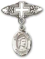 Sterling Silver Baby Badge with St. Elizabeth of Hungary Charm and Badge Pin with Cross