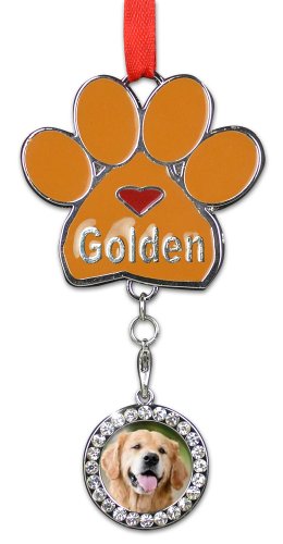 Golden Retriever Ornament - I love Goldens Christmas Ornament - Place for a Picture of Your Favorite Golden Retriever - Hanging Paw Print Designs with Red Ribbon