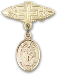 14K Gold Baby Badge with St. Ann Charm and Badge Pin with Cross