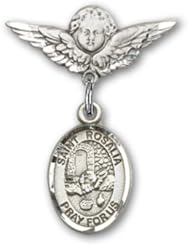 Sterling Silver Baby Badge with St. Rosalia Charm and Angel with Wings Badge Pin