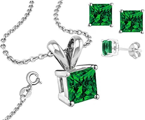 Birthstone 925 Sterling Silver Necklace Combo, Earrings, Pendantt and 18 Inch Rolo Chain CZ Green Emerald