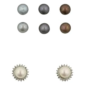 Sterling Silver Interchangeable 8-9mm Chocolate, White, Grey & Black Freshwater Cultured Pearl Floral Stud Earring Set