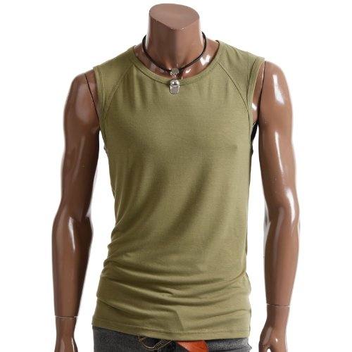 Doublju Mens SLIM FIT SIMPLE SLEEVELESS T-SHIRT KHAKI XL (DJ63)