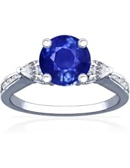 18K White Gold Round Cut Blue Sapphire Ring With Sidestones