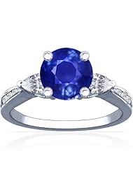 14K White Gold Round Cut Blue Sapphire Ring With Sidestones