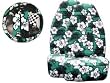 - 	 A Set of 5 Pc. Universal-fit Hawaiian Hibiscus Floral Print Front Bucket Seat Cover, Steering Wheel Cover and Shoulder Harness Pressure Relief Cover - Green