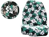 A Set of 5 Pc. Universal-fit Hawaiian Hibiscus Floral Print Front Bucket Seat Cover, Steering Wheel Cover and Shoulder Harness Pressure Relief Cover - Green