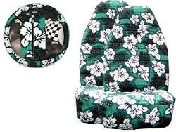 - 	 A Set of 5 Pc. Universal-fit Hawaiian Hibiscus Floral Print Front Bucket Seat Cover, Steering Wheel Cover and Shoulder Harness Pressure Relief Cover - Green
