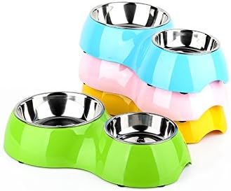 Franks Deals® [Brand] Stainless Steel Bowl Double Diner Dog Cat Pet Food Water Plastic Stand 2 Bowl Set - Small - Yellow