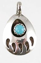 Southwestern Native American Handcrafted Bear Paw Pendant in Turquoise and Sterling Silver, #9497