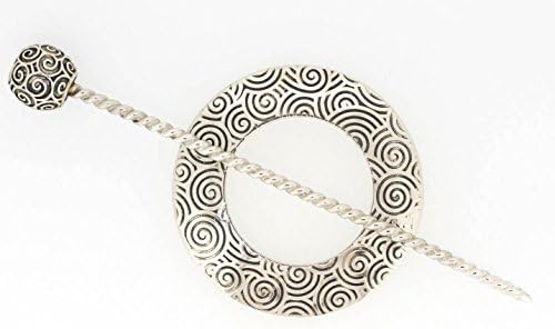 Shawl Pin, Argentium Silver With Non-Tarnishing E-Coated Transparent Finish, Curlycue Embossed Design, Open Circle Motif (1665) *$ Lower cost as a 2nd due to a blemish.
