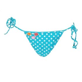 Buy Luli Fama Aqua w White Dots Side Tie Bikini Bottom w Sequin Flowers (Medium) by Luli Fama