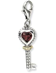 14k Yellow Gold Sterling Silver with Garnet Antiqued Key with Lobster Clasp Charm