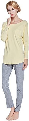 AMELL Women's Premium Cotton Loungewear Long Sleep Pajama Set, Light Yellow, M