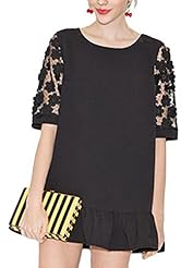 Sexy Embroidered  Lace Short Sleeves Round Neck Mini Dress  With Ruffles