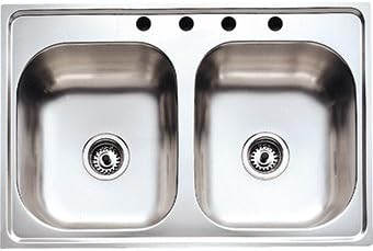 Kitchen Sink - 4 Hole - 33" x 22" x 6" Deep Double Bowl, Stainless Steel