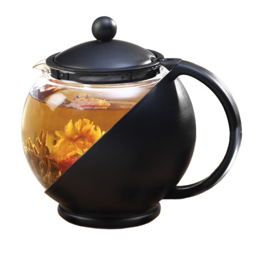 Primula Black 40-Ounce Teapot Set with Loose Tea Infuser and 3 Flowering Green Teas