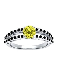 1.18 Ct Round Canary and Black Diamond 18K White Gold Ring