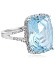 Sterling Silver Concave Cut Sky Blue Topaz and Diamond Cushion Ring, Size 7