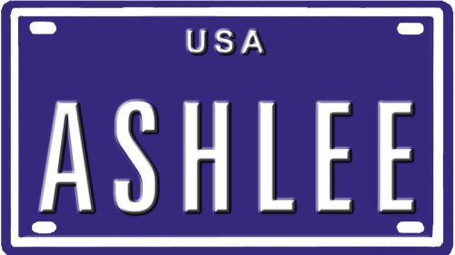 Ashlee USA mini metal embossed license plate name for bikes, tricycles, wagons, kids doors, golf carts, baby strollers, pedal cars. Over 400 names available. Type in 