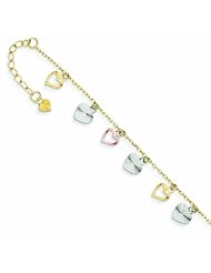 14K Gold Tri-Color Adjustable Heart Anklet 9 Inches
