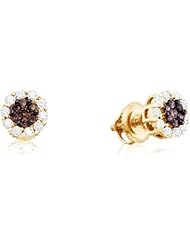14K Yellow Gold Round Brilliant Cut Chocolate Brown and White Diamond - Flower Shape Invisible & Channel Set Studs Earrings with Secure Screw Back Closure - (1.00 cttw.)