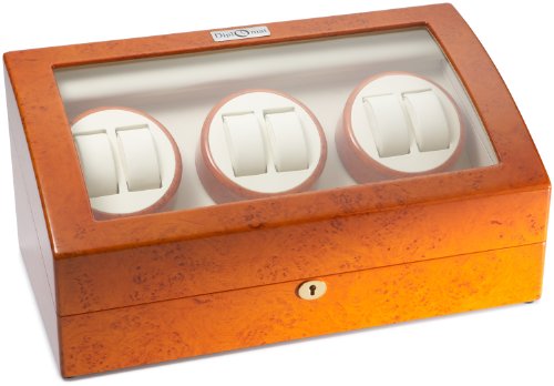 Diplomat Burl Wood Six Watch Winder with Off-White Leather Interior