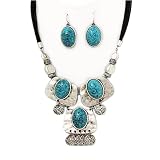 Silver Casting Turqoise Stone Necklace and Earrings Set Fashion Jewelry