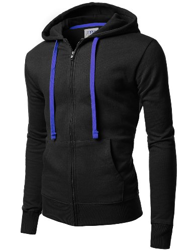 Doublju Super Slim Contrast Drawstring Color Athletic Zip-Up Hoodie