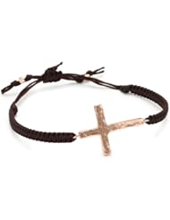 Tai Rose Gold Cross, Brown Cord Easy Pull Bracelet