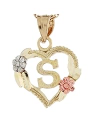 14k Three Tone Real Gold Heart & Roses Letter S Initial Charm Pendant