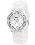 Designer Damenuhr,Damen Silikon Armband Strass Uhr/Watch in Chrono Optik,Weiß,Silber inkl. Uhrenbox