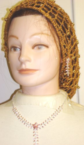 Click here to buy Hand Crocheted Gold Metallic Giordana Gimp Large Snood Trimmed with Cultured Ivory Pearls for Women....