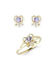 Childs 14k Yellow Gold Purple CZ Heart Size 2.5 Ring 3 Piece Set