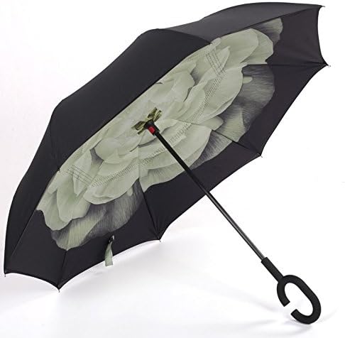 Jaeyu Windproof Reverse Double Layer Inverted Umbrella and Inside Out Upside Down Rain Protection Compact Travel Umbrella With C-Shaped Handle (Black &amp; White Gardenia)