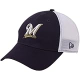 MLB New Era Milwaukee Brewers Stretch Print Mesh Flex Hat - Navy Blue-White (Medium/Large)