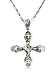 Athena Jewelry Sterling Silver and 14k Gold Sky Blue Topaz Royal Greek Cross Pendant