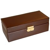 Watch Box Leather Case For 4 Watches with Lined Pocket Brown Lock Key Tech Swiss