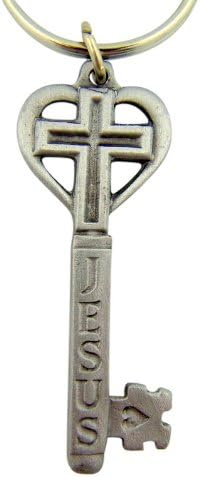Religious Gift Heart of Jesus with Overlay Latin Cross 2" Pewter Auto Key Chain