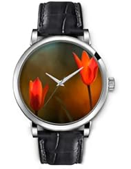 SPRAWL Aanalog Fashion Series Silver Ladies Watches of Genuine Black Leather Strap,Unique Wrist Watch for Women Girls Designed with Flower in full bloom