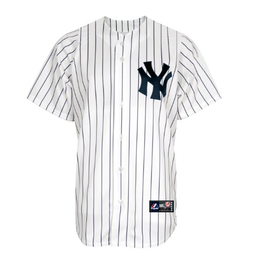 MLB Men's New York Yankees A.J. Burnett White/Navy Pinstrps Home Short Sleeve 6 Button Synthetic Replica Baseball Jersey Spring 2012  (White/Navy Pinstrps, Large)