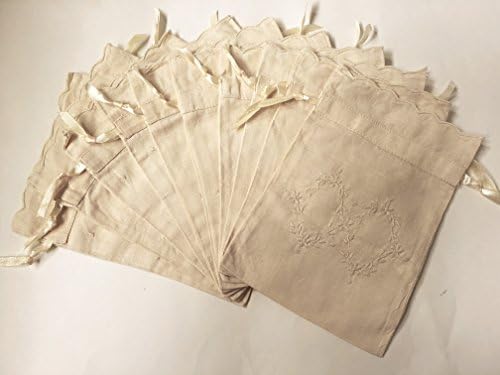 Set of 10 Drawstring Double Flowers Embroidery Linen Wedding Bridal Party Favor Gift Bags/beige, 6"x8", #02x10
