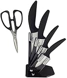Checkered Chef Ceramic Kitchen Knife Set - 4 Knives Plus Holder/Block. Bonus Stainless Steel Scissors