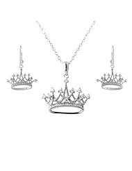 925 Sterling Silver Cubic Zirconia Crown Shape Charm Pendant/Earrings/Necklace 17 Inches 925 Silver Chain Jewelry Set