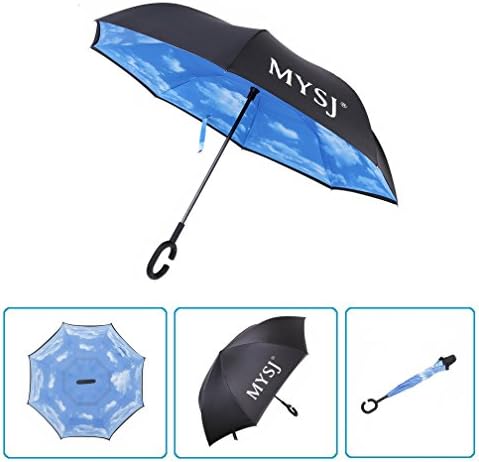 Innovative New Reverse Umbrella, Double Layer Inverted Umbrella, Mysj Creative Cars Reverse Umbrella Straight Waterproof And Self Standing Inside Out Compact Travel Umbrella With "C" Handle (Sky blue)
