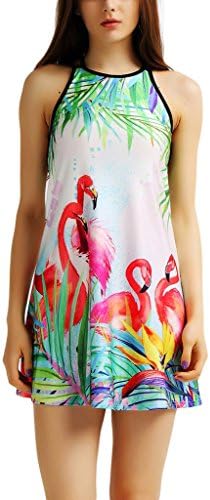 Pretty321 Women Girl Lovely Cute Flamingo Print Strappy Short Dress Thin Soft (US Medium(8-10) Ignore Our Tag, Amazon)